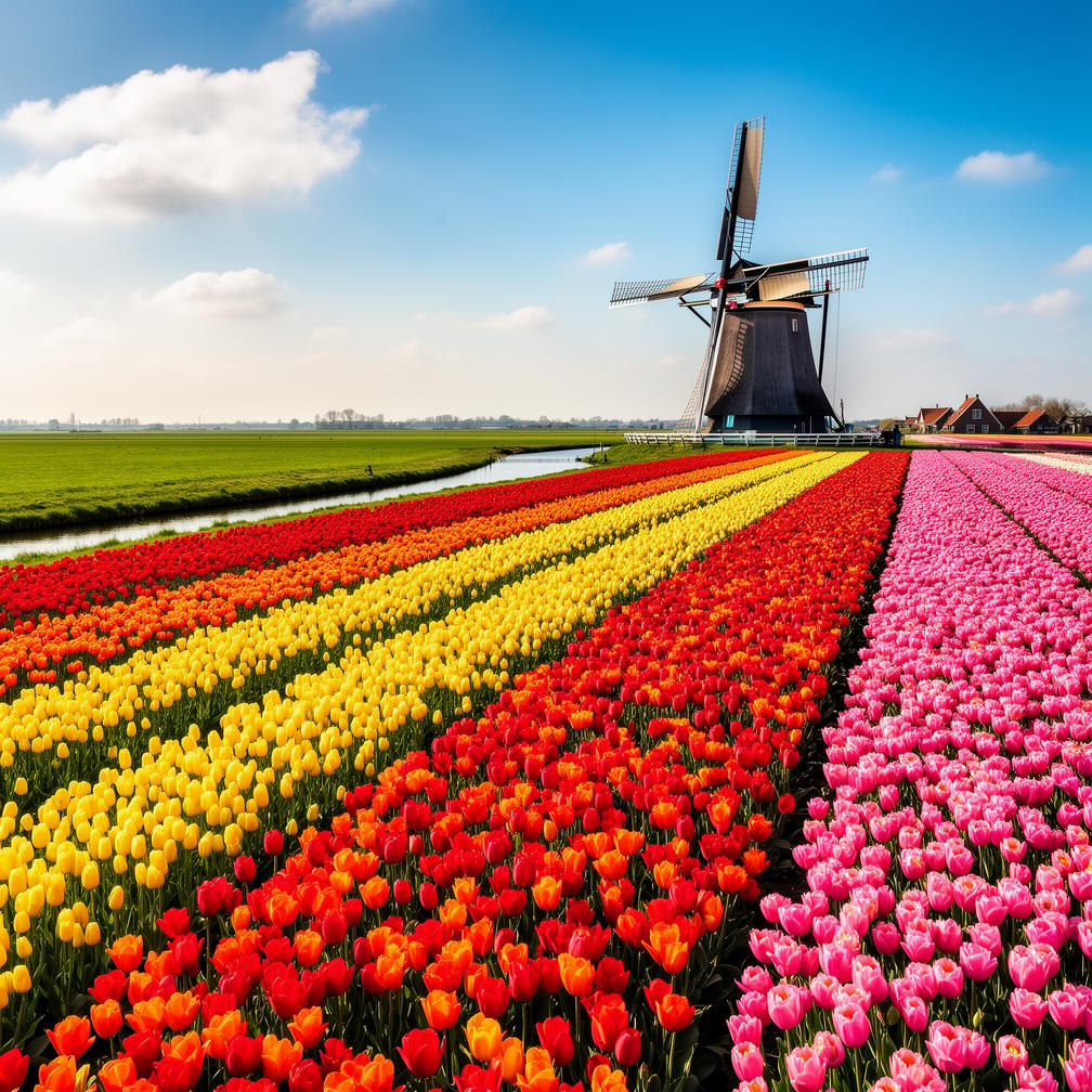 A field of vibrant tulips toward a windmill, bright blue sky, Dutch countryside