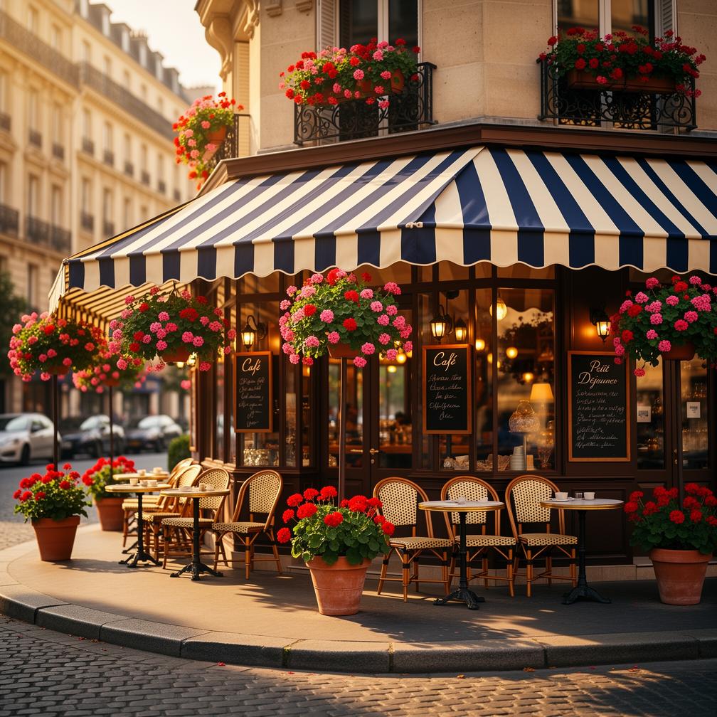 A charming Parisian cafe corner with a striped awning and flowers, soft morning light