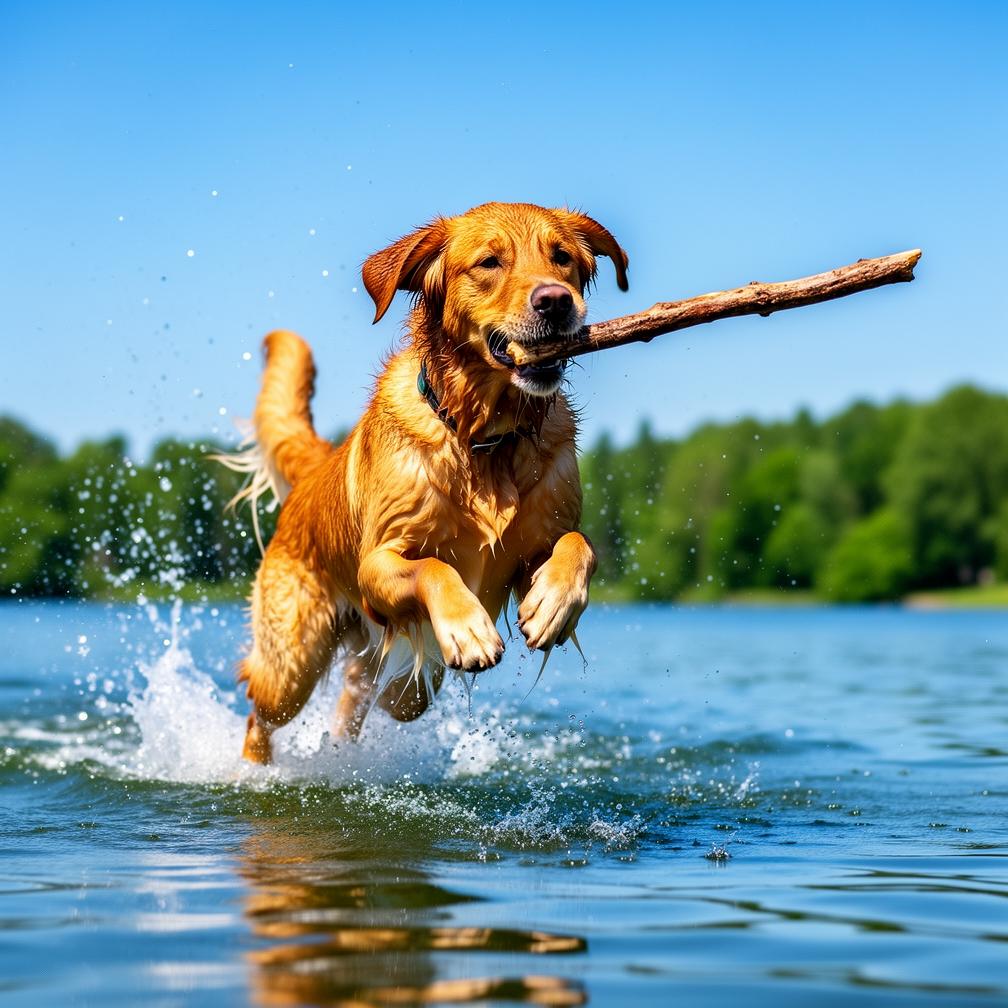 A golden retriever leaping into a lake to fetch a stick, splashing water, sunny day