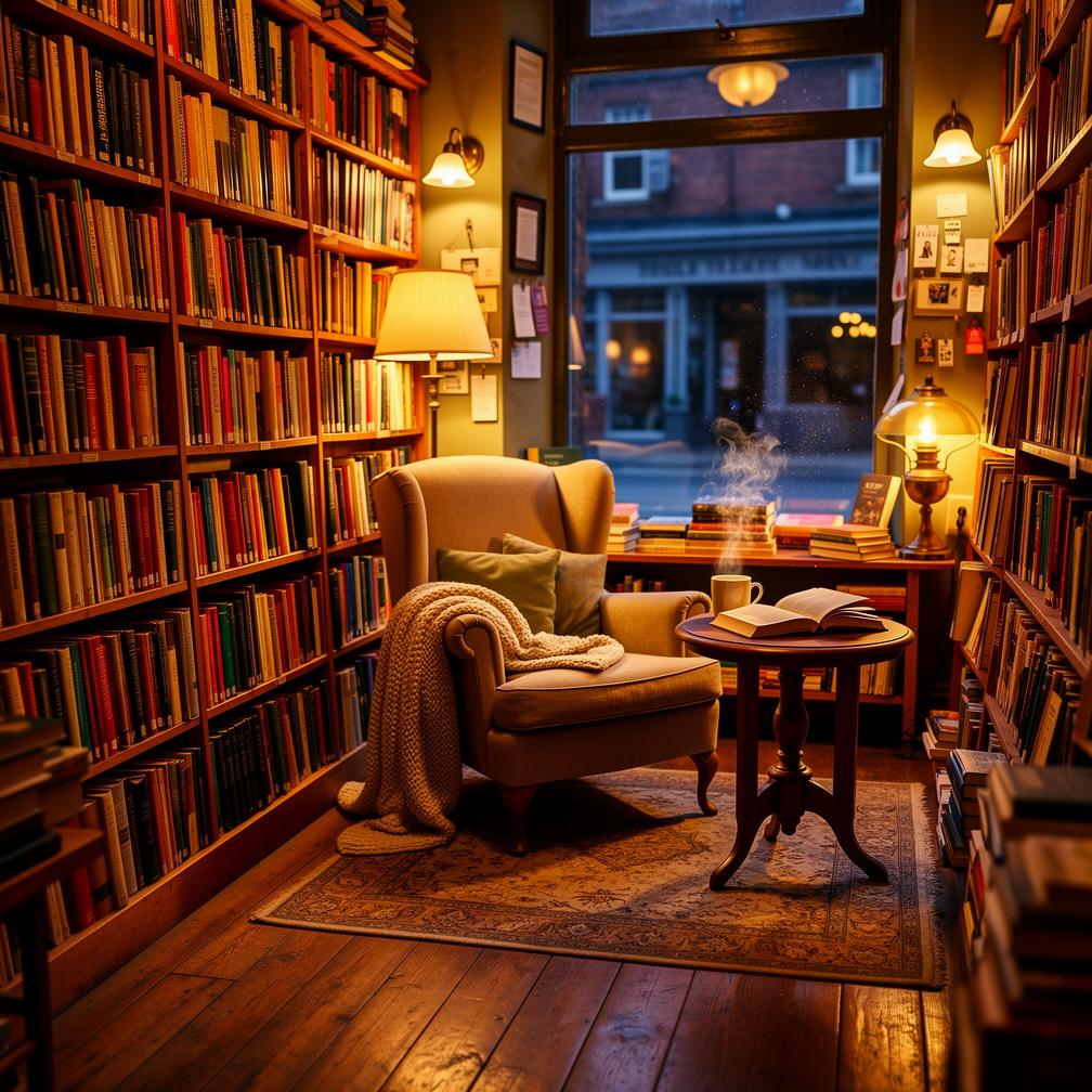 A cozy bookshop interior with warm lamplight and towering shelves, reading nook