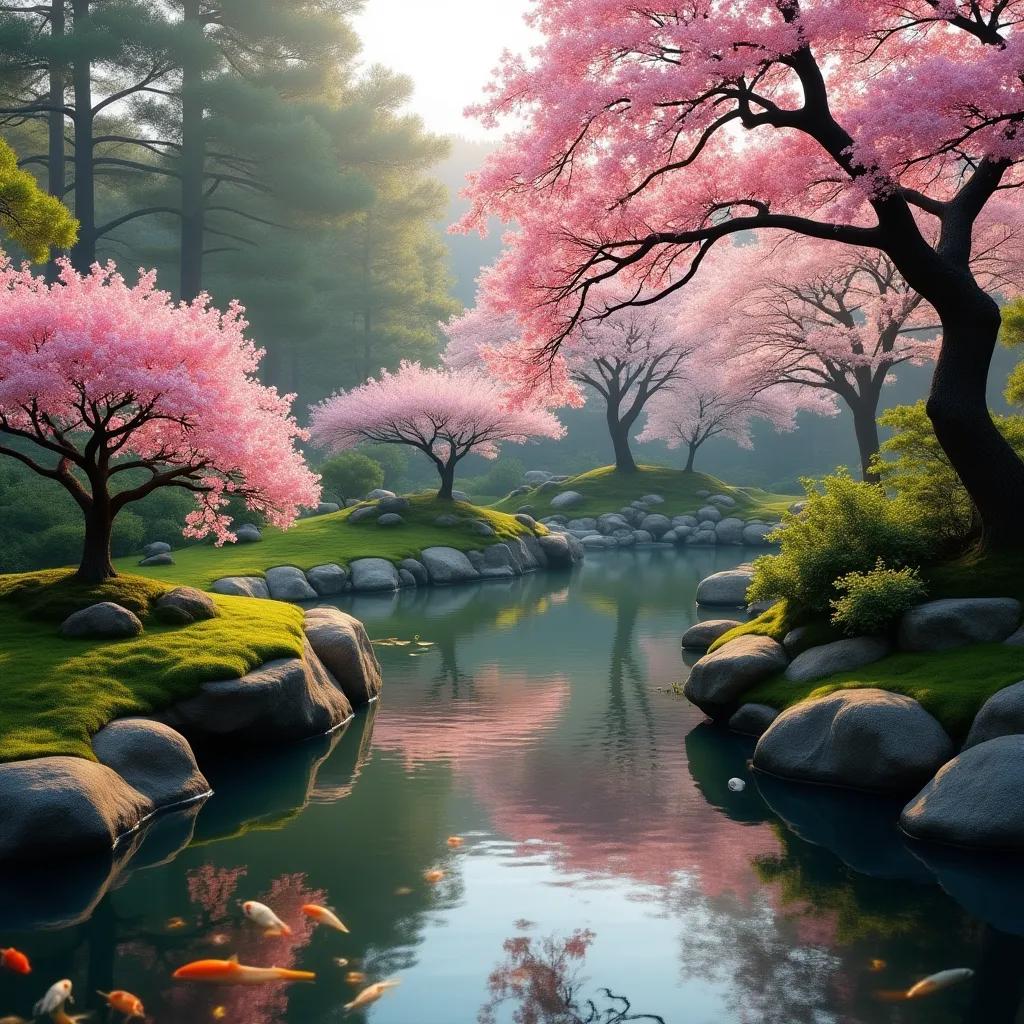 A serene Japanese tea garden in spring, cherry blossoms over a koi pond, soft morning light