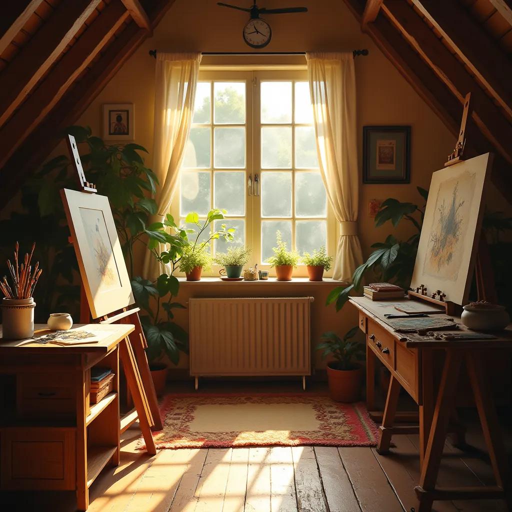 A cozy attic art studio in afternoon sun, canvases and brushes, warm dust motes
