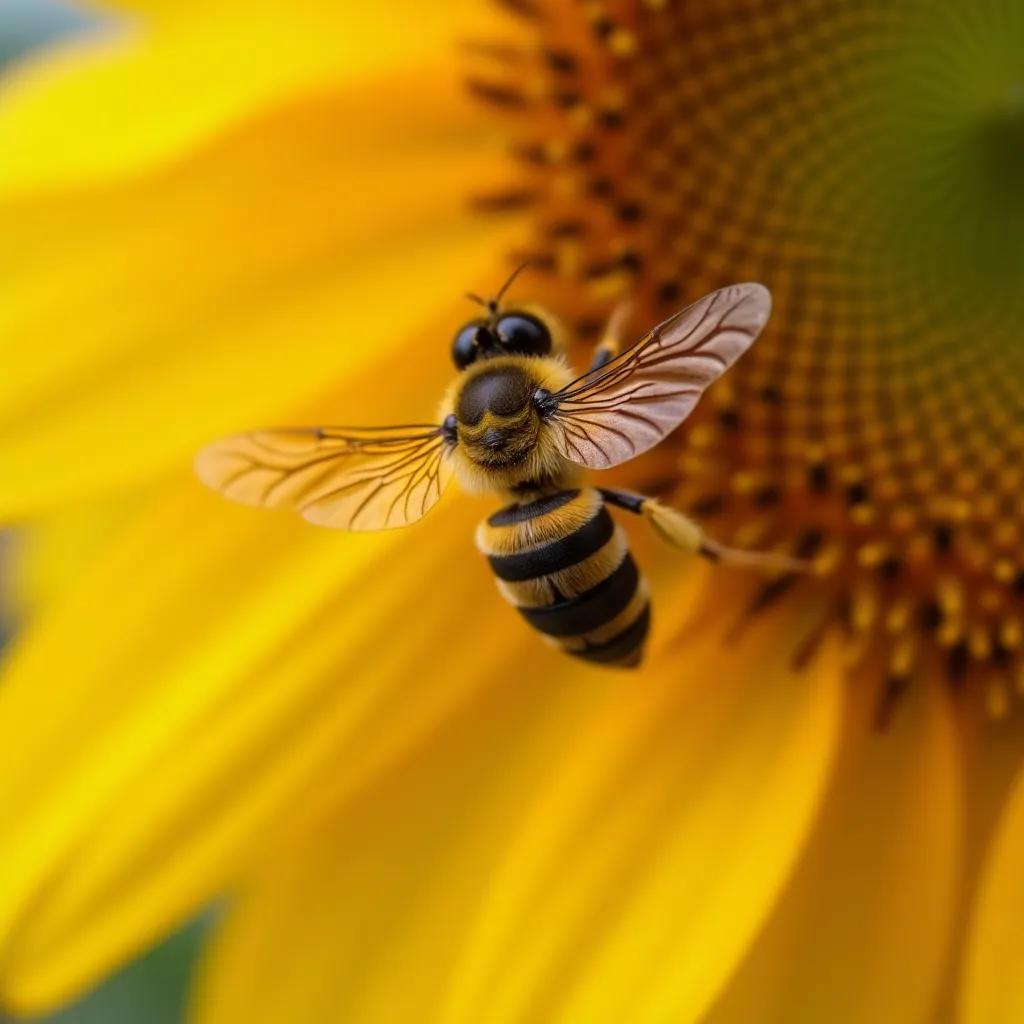A close-up of a bee on a sunflower, wings mid-flutter, macro detail, soft bokeh
