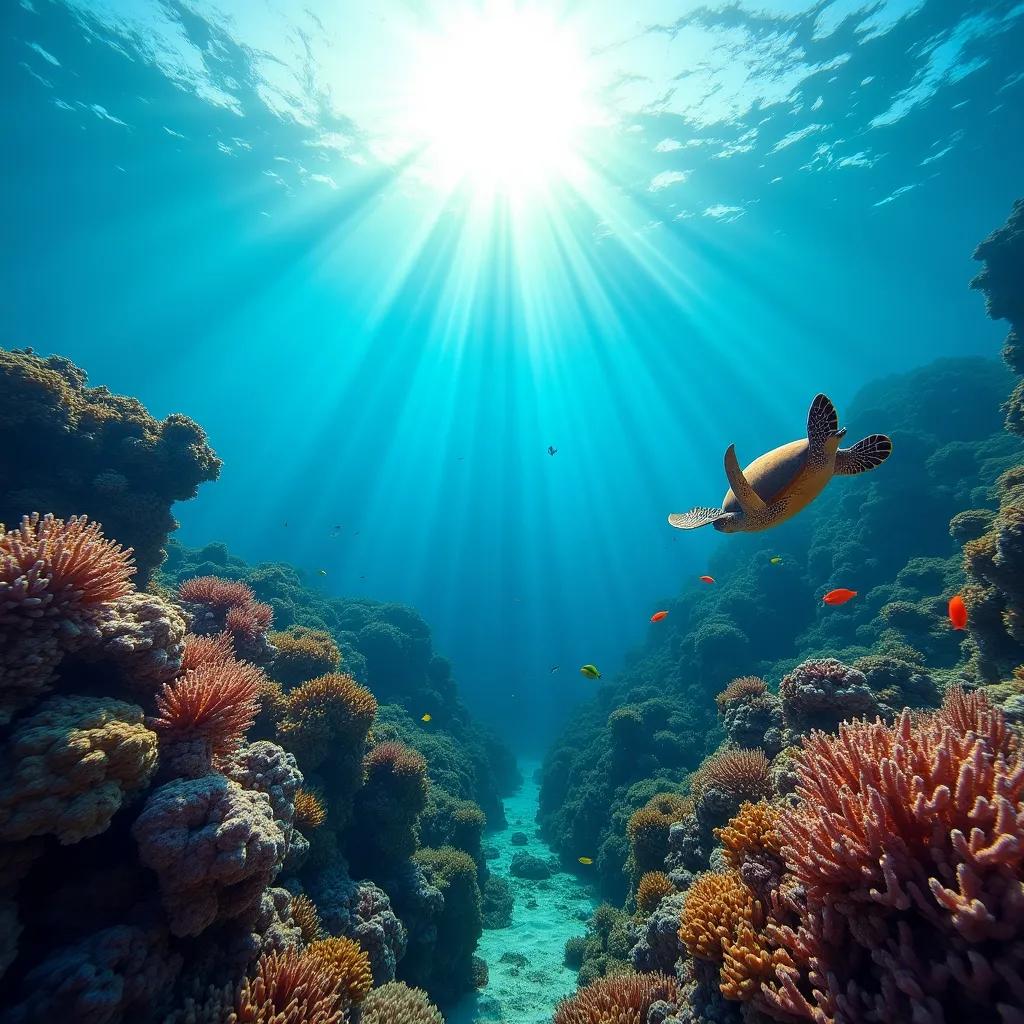A vibrant coral reef with tropical fish and a sea turtle, sun rays underwater