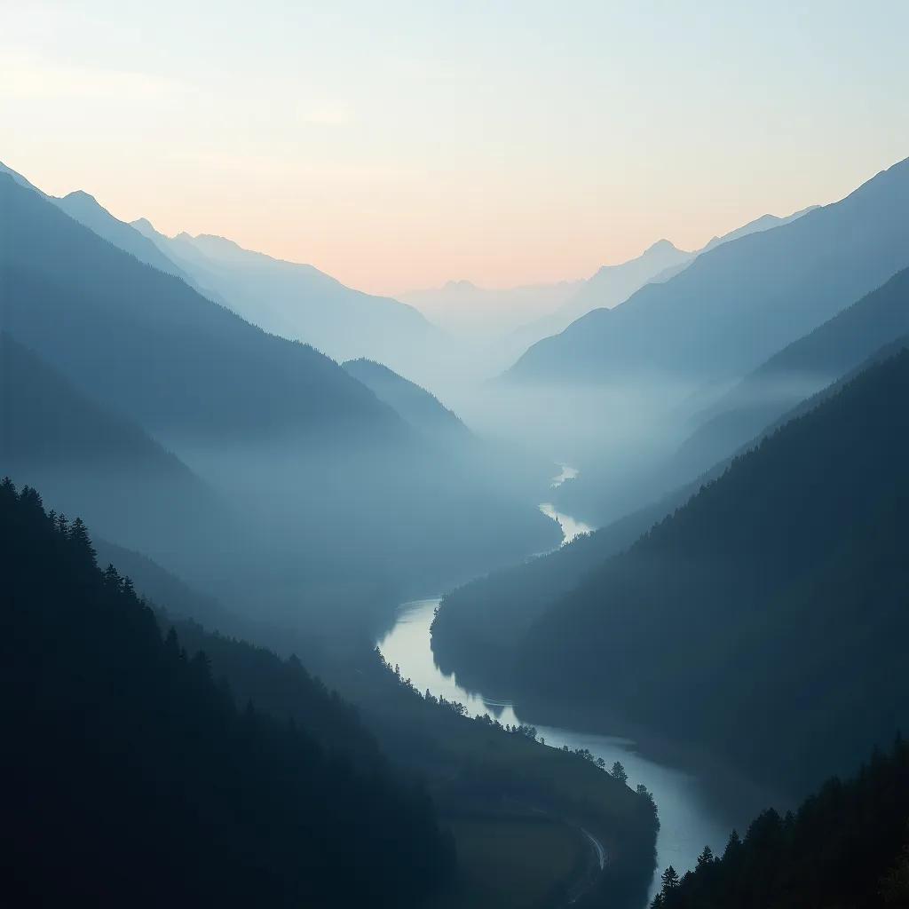 A misty mountain valley at dawn, layered ridgelines, a winding river, soft light