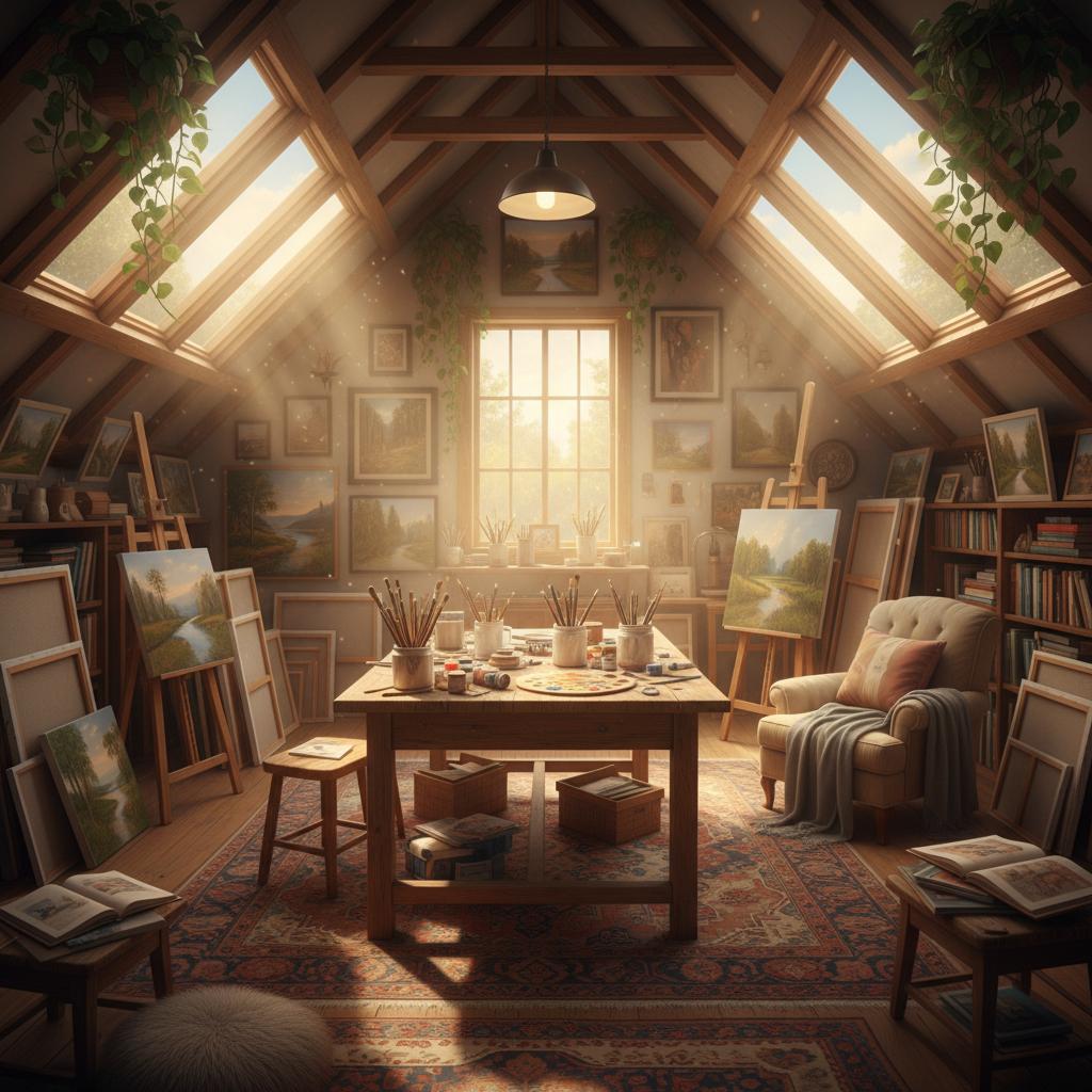 A cozy attic art studio in afternoon sun, canvases and brushes, warm dust motes