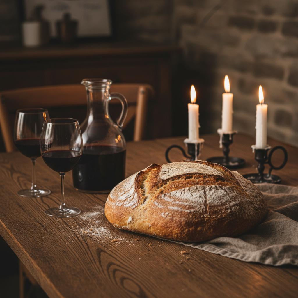 A rustic loaf of crusty bread and red wine on a wooden table, candlelit food photography