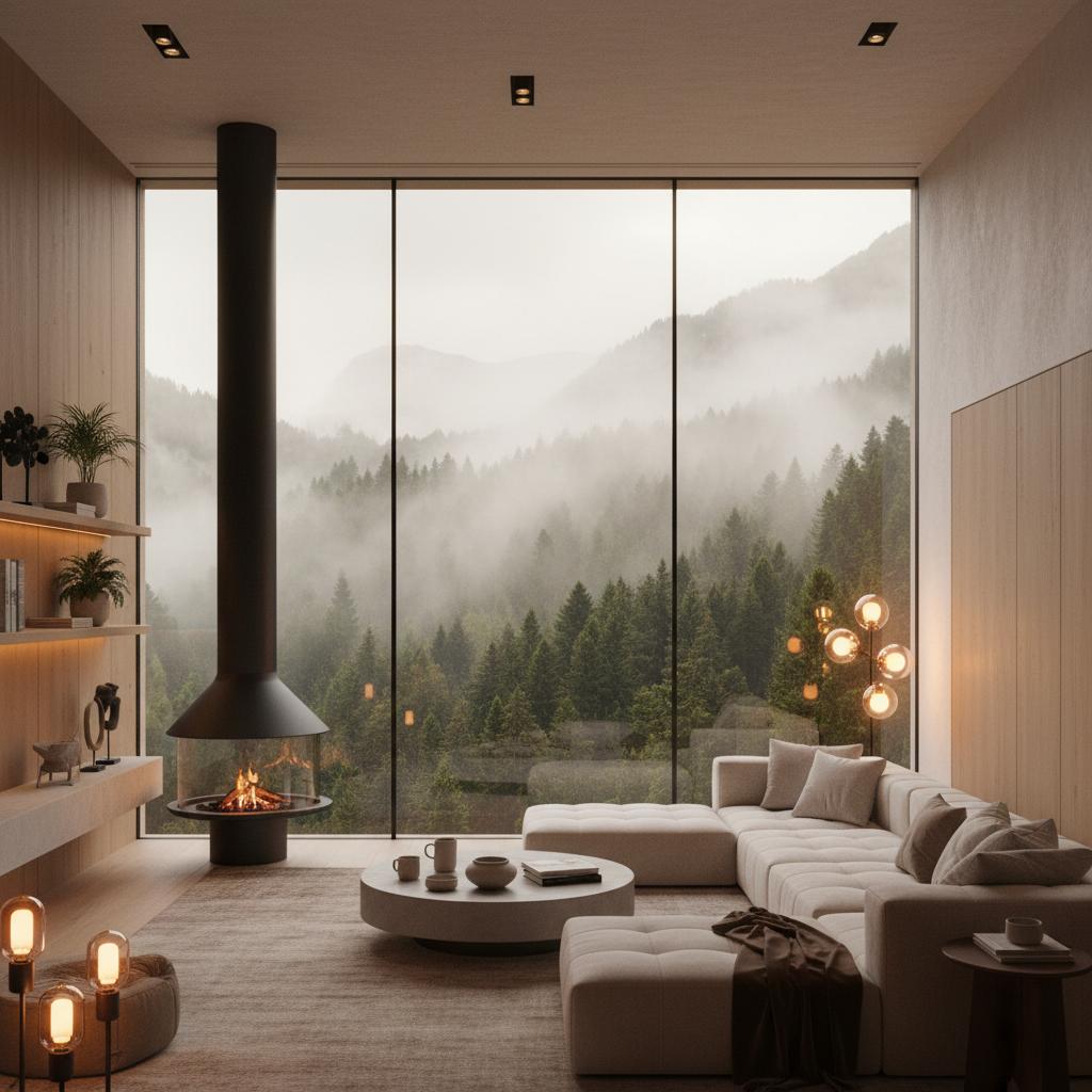 A modern living room with floor-to-ceiling windows over a misty forest, warm light