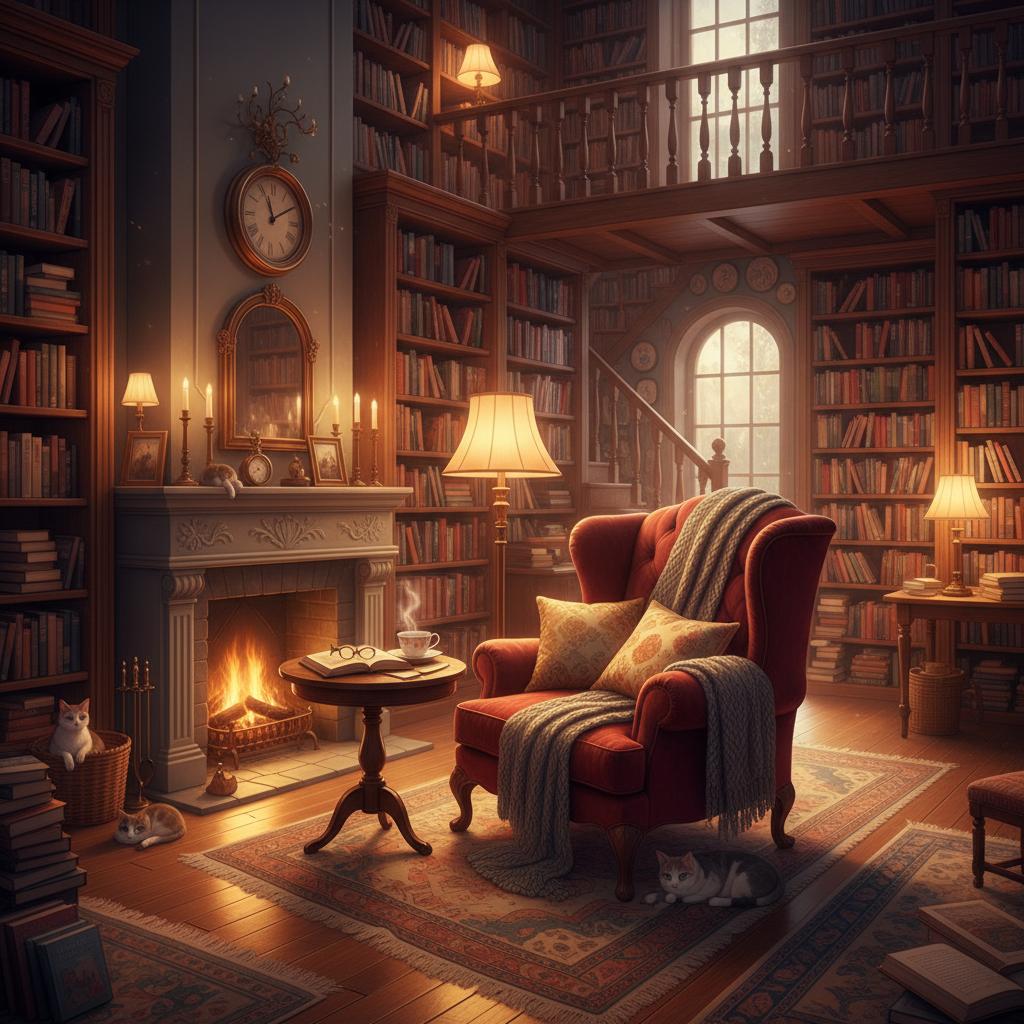 A cozy bookshop interior with warm lamplight and towering shelves, reading nook