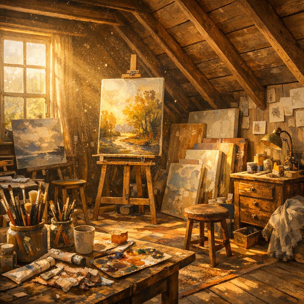 A cozy attic art studio in afternoon sun, canvases and brushes, warm dust motes