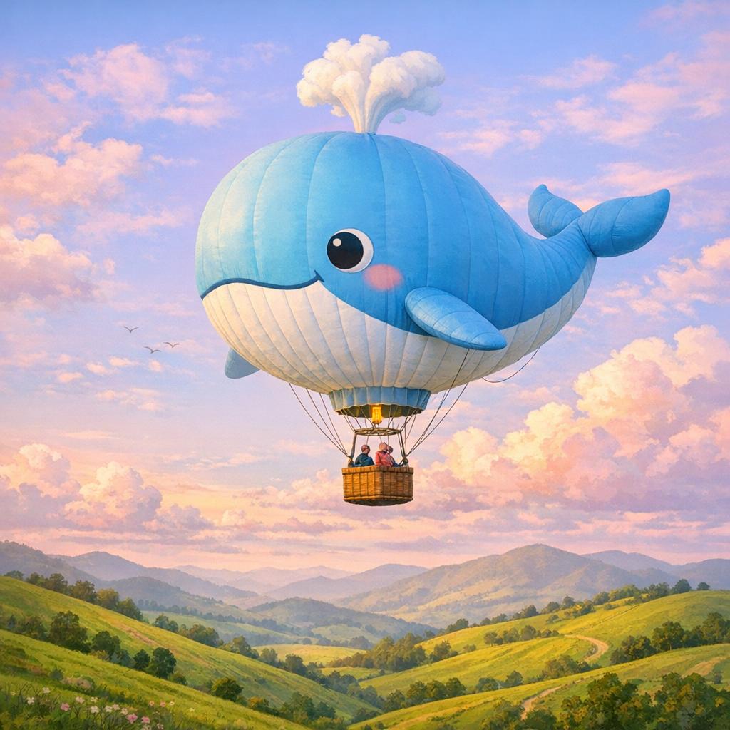 A whimsical hot air balloon shaped like a whale over green hills, pastel sky