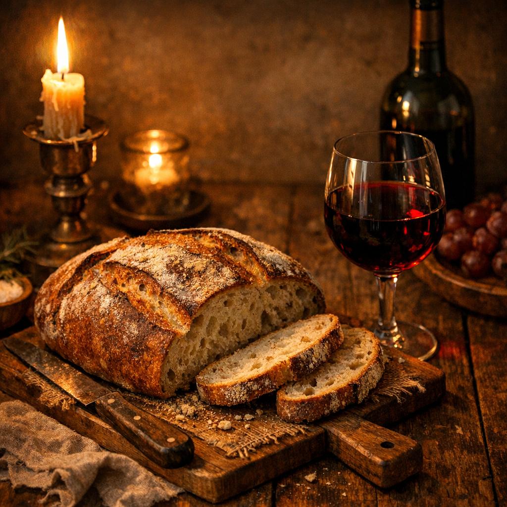 A rustic loaf of crusty bread and red wine on a wooden table, candlelit food photography