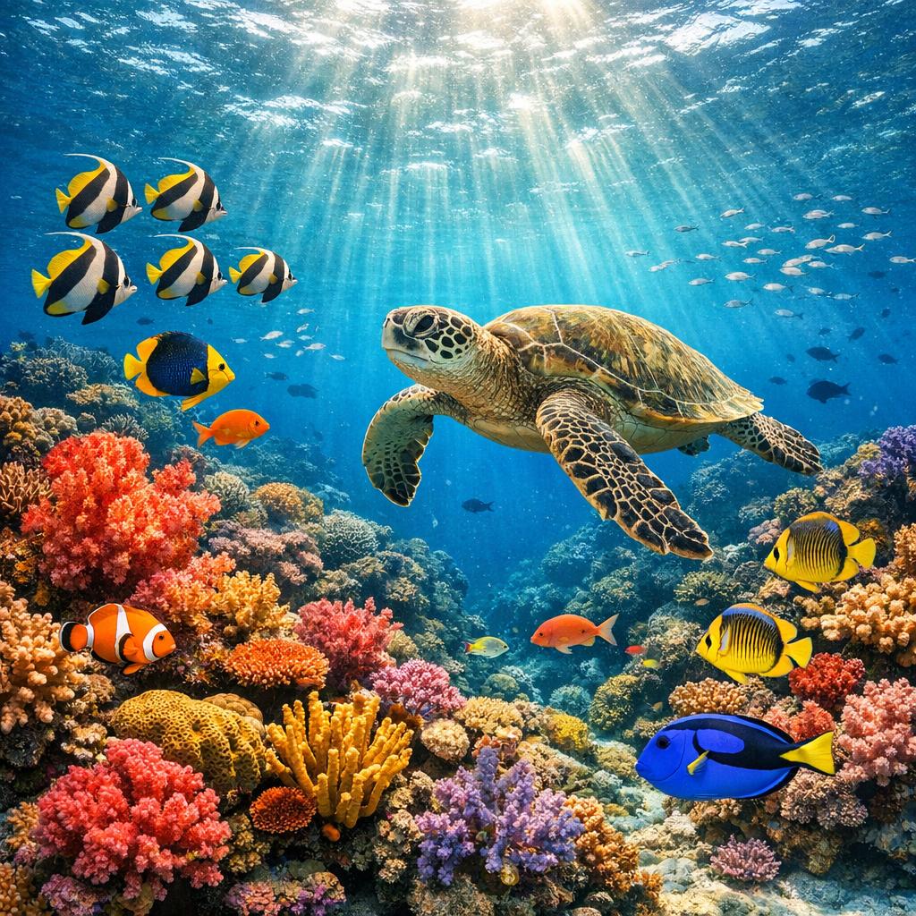 A vibrant coral reef with tropical fish and a sea turtle, sun rays underwater