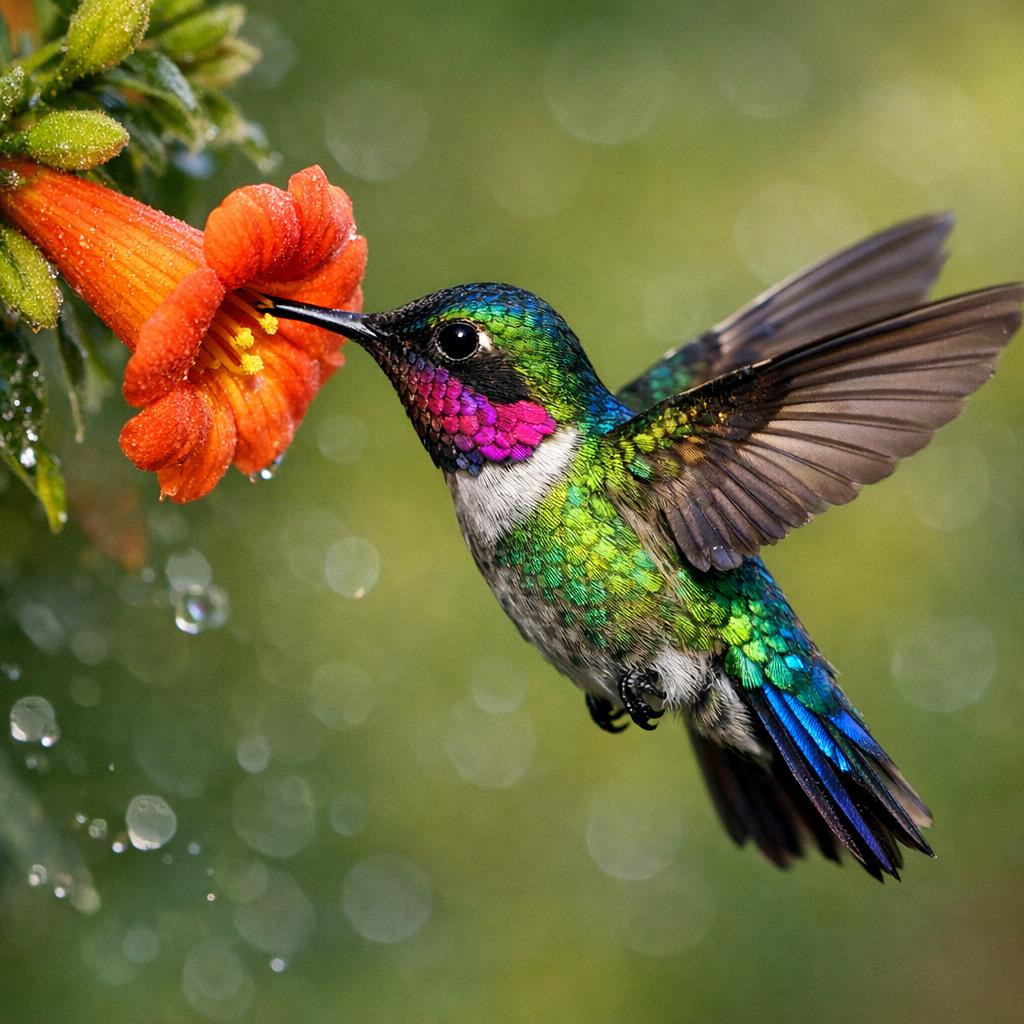 A hummingbird hovering beside a trumpet flower, iridescent feathers, macro