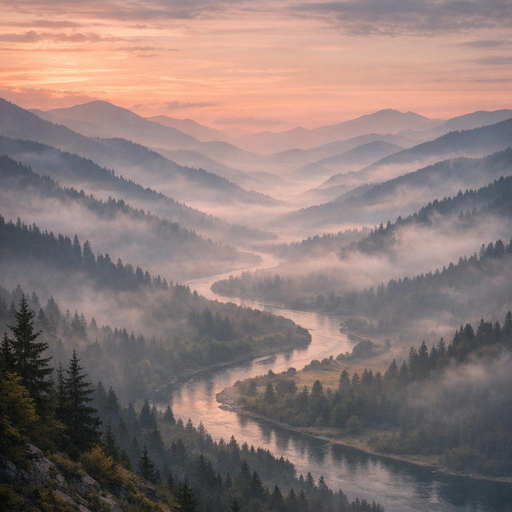 A misty mountain valley at dawn, layered ridgelines, a winding river, soft light