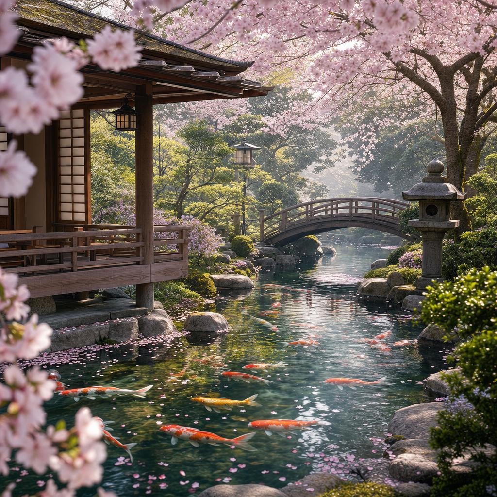 A serene Japanese tea garden in spring, cherry blossoms drifting over a koi pond, soft morning light, highly detailed