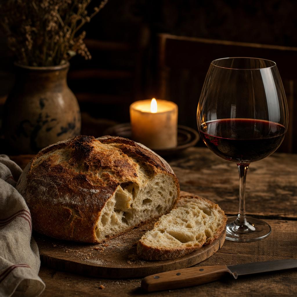 A rustic loaf of crusty bread and a glass of red wine on a wooden table, candlelit, moody food photography