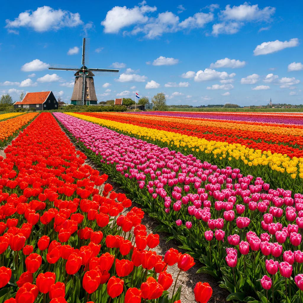A field of vibrant tulips stretching to a windmill on the horizon, bright blue sky, Dutch countryside