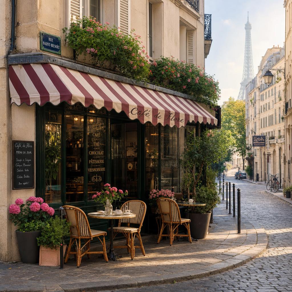 A charming Parisian cafe corner with a striped awning and flowers, cobblestone street, soft morning light