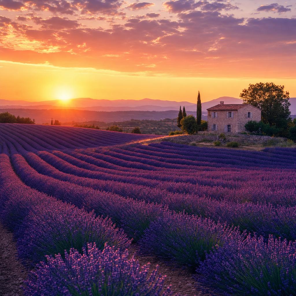 A calm lavender field at sunset, rolling purple rows toward distant hills, dreamy golden light