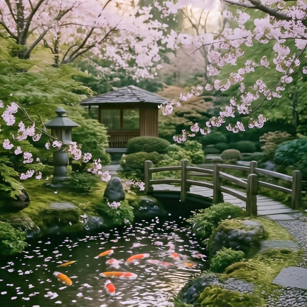 A serene Japanese tea garden in spring, cherry blossoms drifting over a koi pond, soft morning light, highly detailed