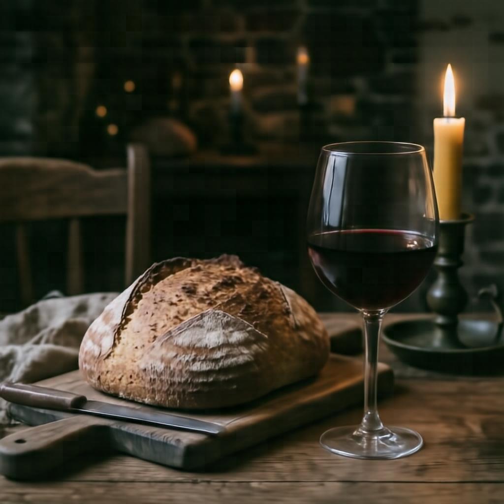 A rustic loaf of crusty bread and a glass of red wine on a wooden table, candlelit, moody food photography