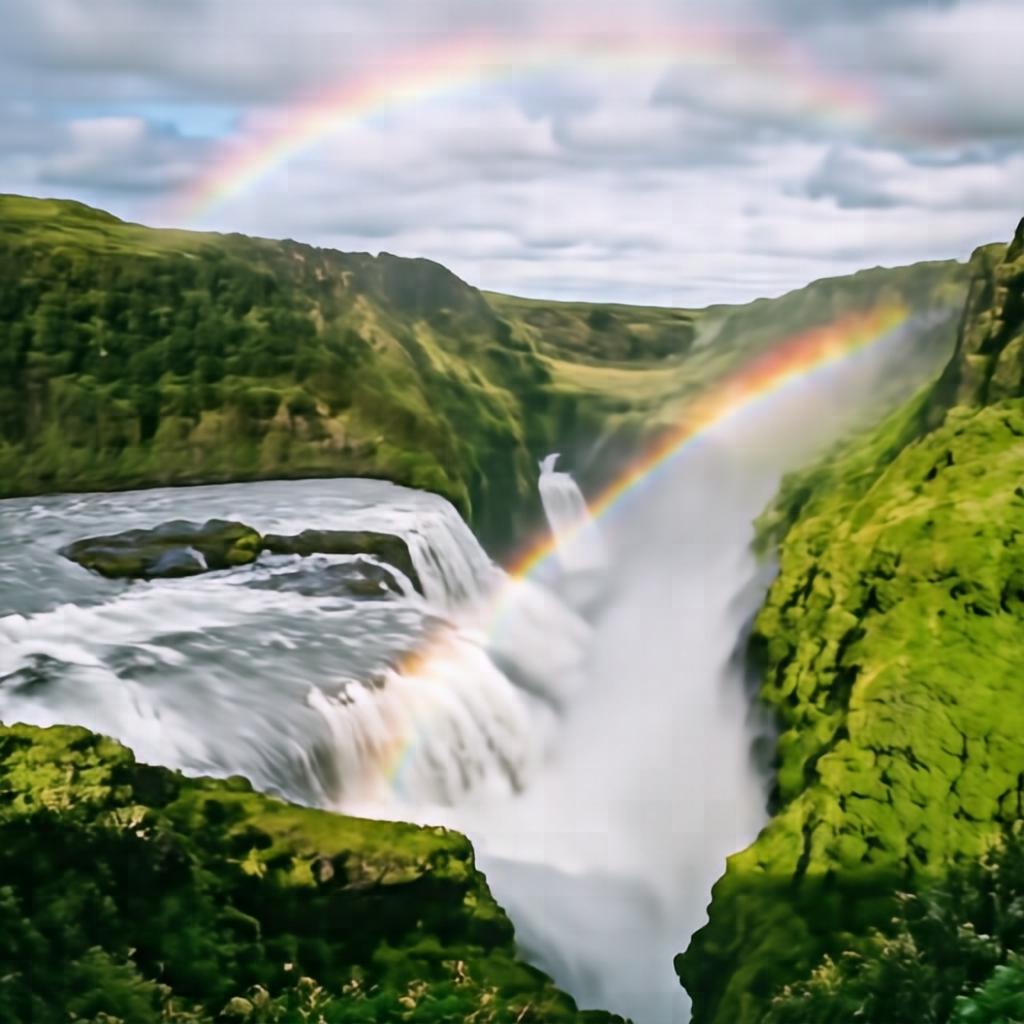 A powerful waterfall cascading through a lush green canyon, mist catching rainbow light, wide landscape