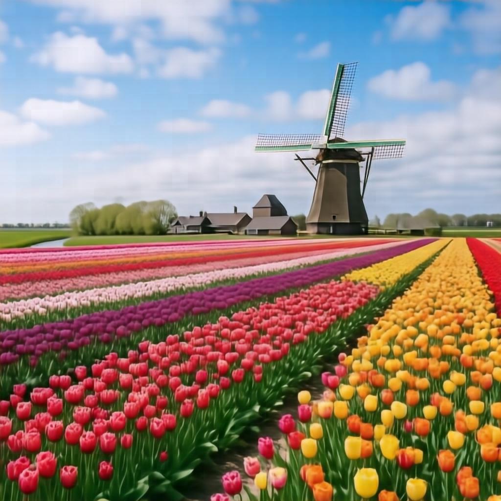 A field of vibrant tulips stretching to a windmill on the horizon, bright blue sky, Dutch countryside