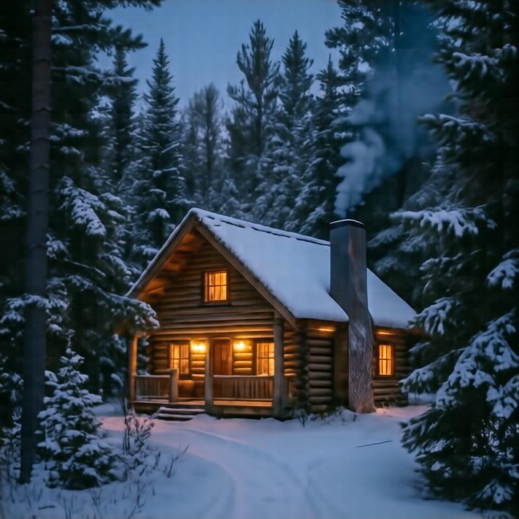 A snow-dusted log cabin glowing warmly in a pine forest at twilight, smoke from the chimney, peaceful