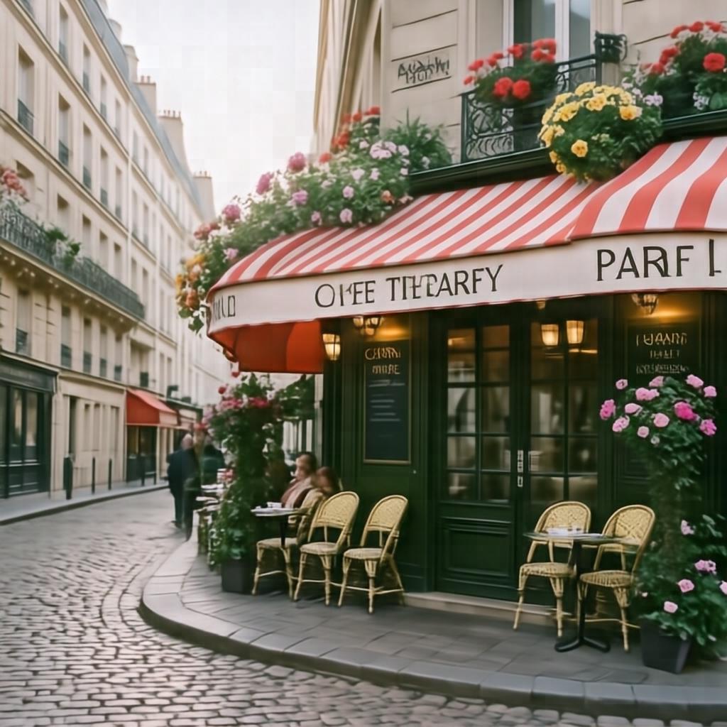 A charming Parisian cafe corner with a striped awning and flowers, cobblestone street, soft morning light