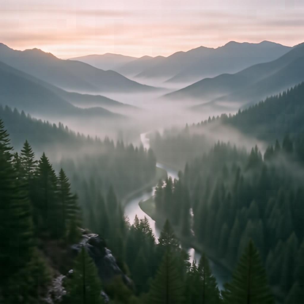 A misty mountain valley at dawn, layered ridgelines, a winding river through pine forest, soft light