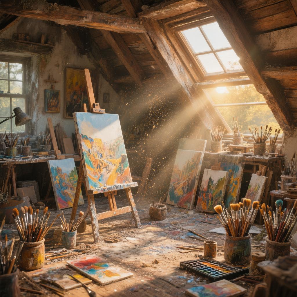 A cozy attic art studio bathed in afternoon sun, canvases and brushes everywhere, warm dust motes in the light