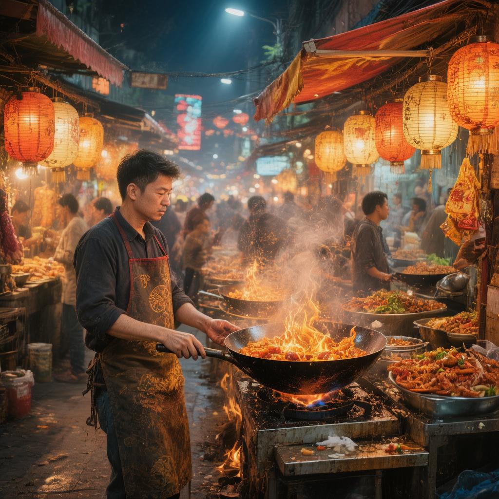 A vibrant street food market at night, glowing lanterns and sizzling woks, rich atmospheric color