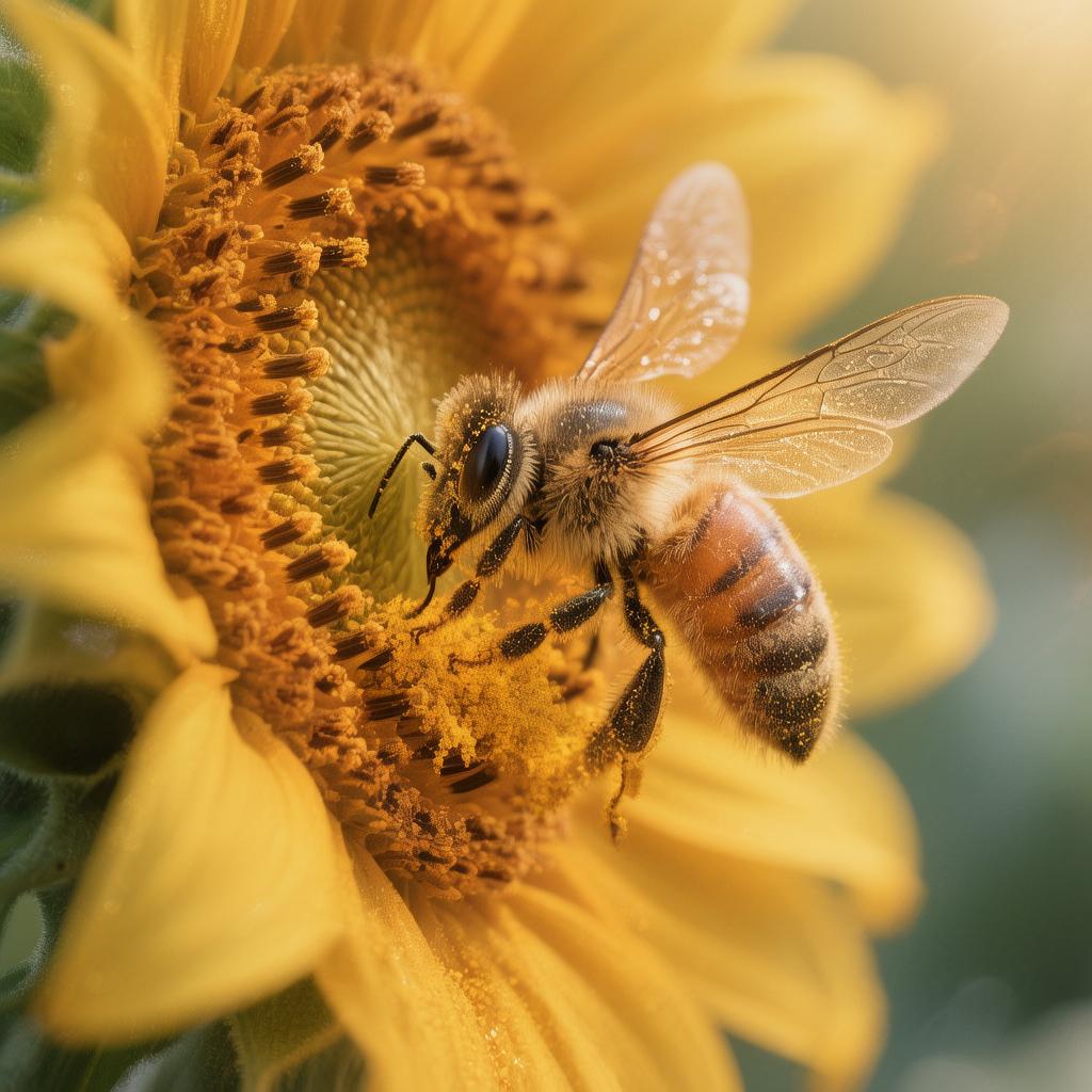 A close-up of a bee collecting pollen from a sunflower, wings mid-flutter, macro detail, soft bokeh