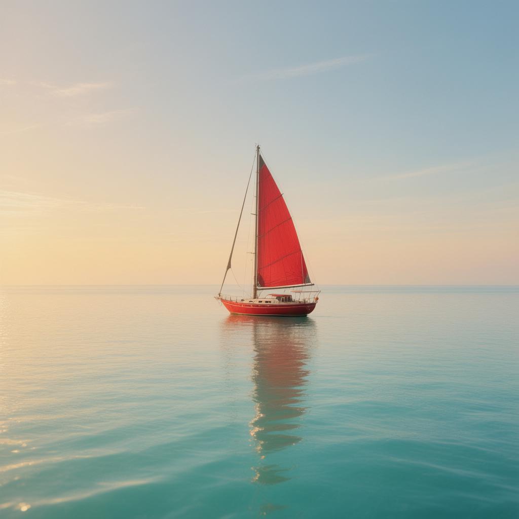 A lone red sailboat on a calm turquoise sea at golden hour, minimalist composition, gentle reflections