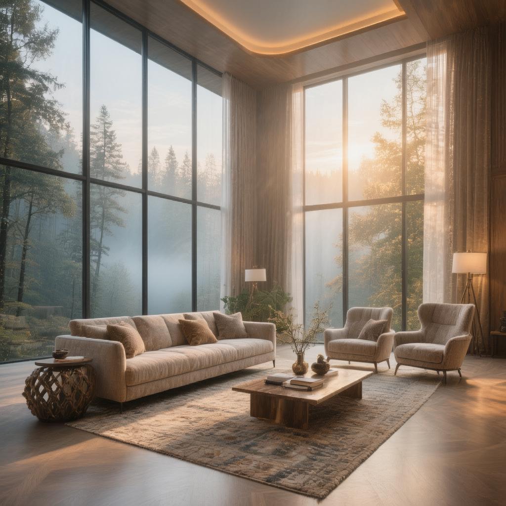 An elegant modern living room with floor-to-ceiling windows overlooking a misty forest, warm natural light