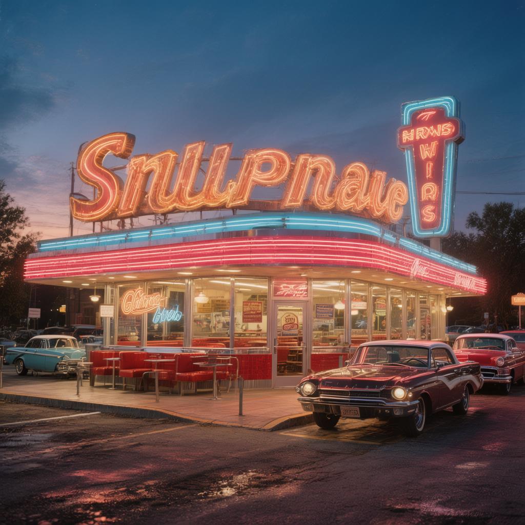 A retro 1960s diner at dusk, neon signs glowing, classic cars parked outside, nostalgic warm tones