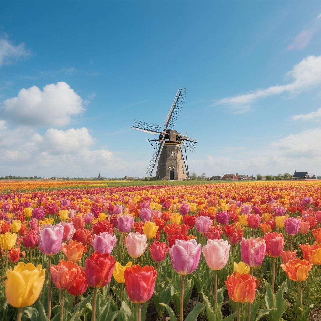 A field of vibrant tulips stretching to a windmill on the horizon, bright blue sky, Dutch countryside