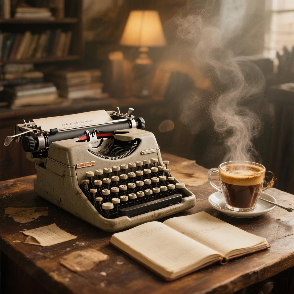 A vintage typewriter on a desk beside a steaming coffee and an open notebook, warm cinematic lighting