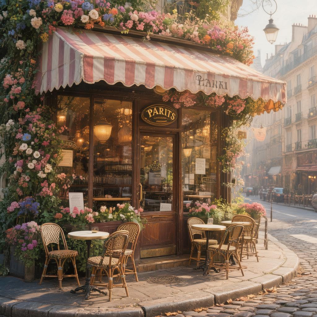 A charming Parisian cafe corner with a striped awning and flowers, cobblestone street, soft morning light
