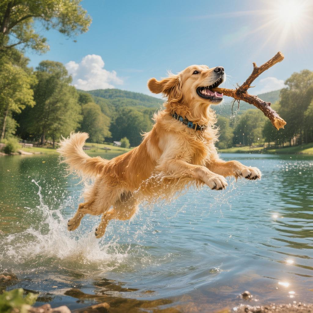A playful golden retriever leaping into a lake to fetch a stick, water splashing, sunny summer day