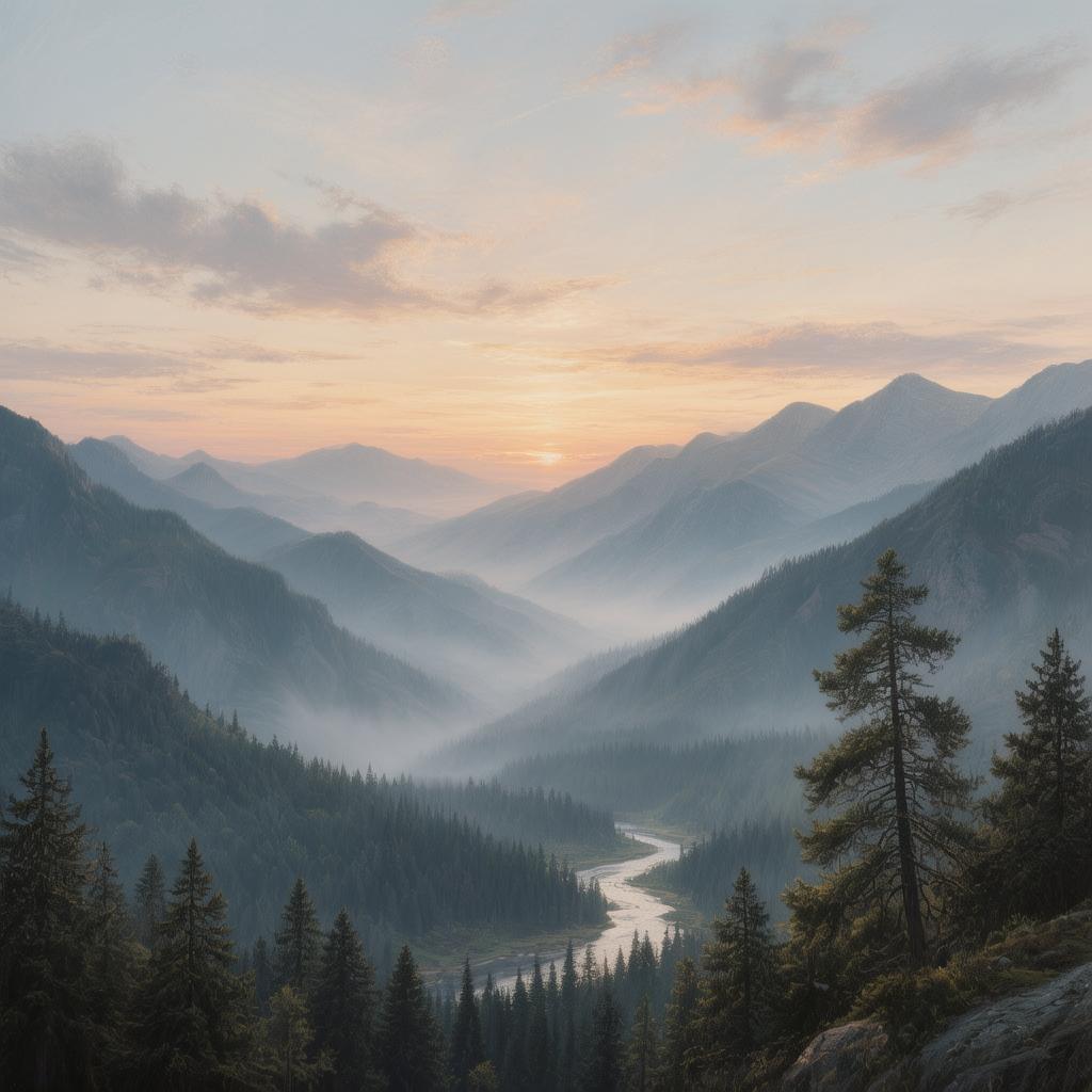 A misty mountain valley at dawn, layered ridgelines, a winding river through pine forest, soft light
