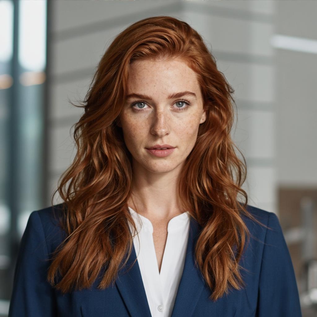 the same person in a tailored business suit in a modern office, confident pose