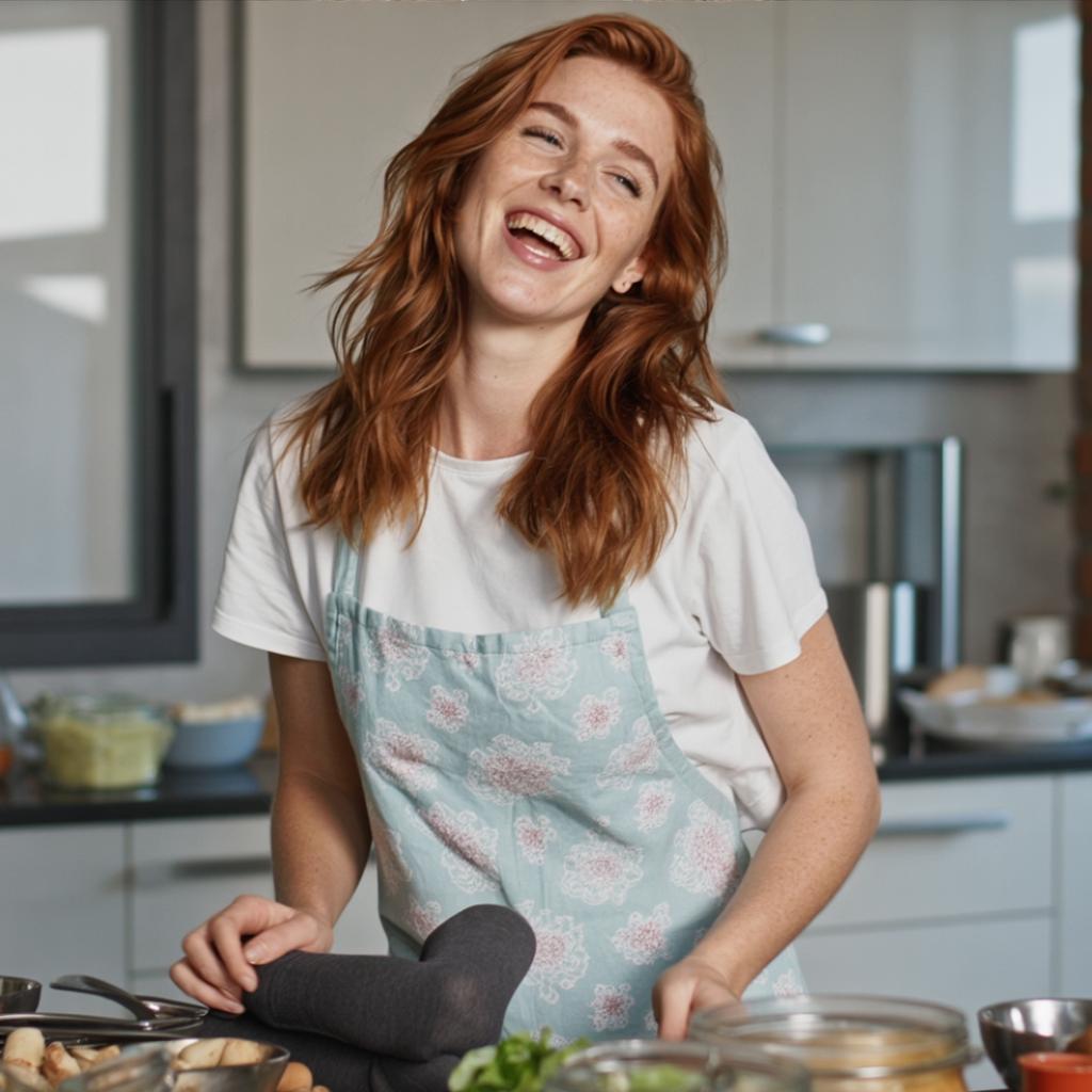 the same person cooking in a bright modern kitchen, wearing an apron, laughing