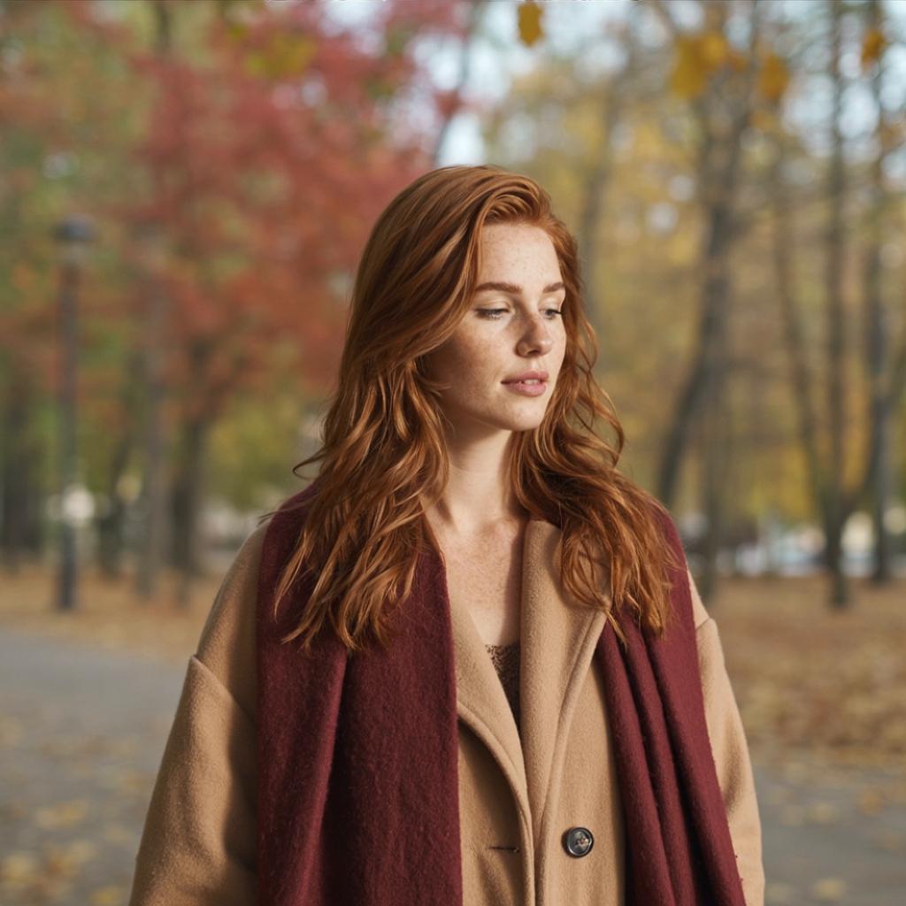 the same person walking through an autumn park in a scarf and wool coat, leaves falling