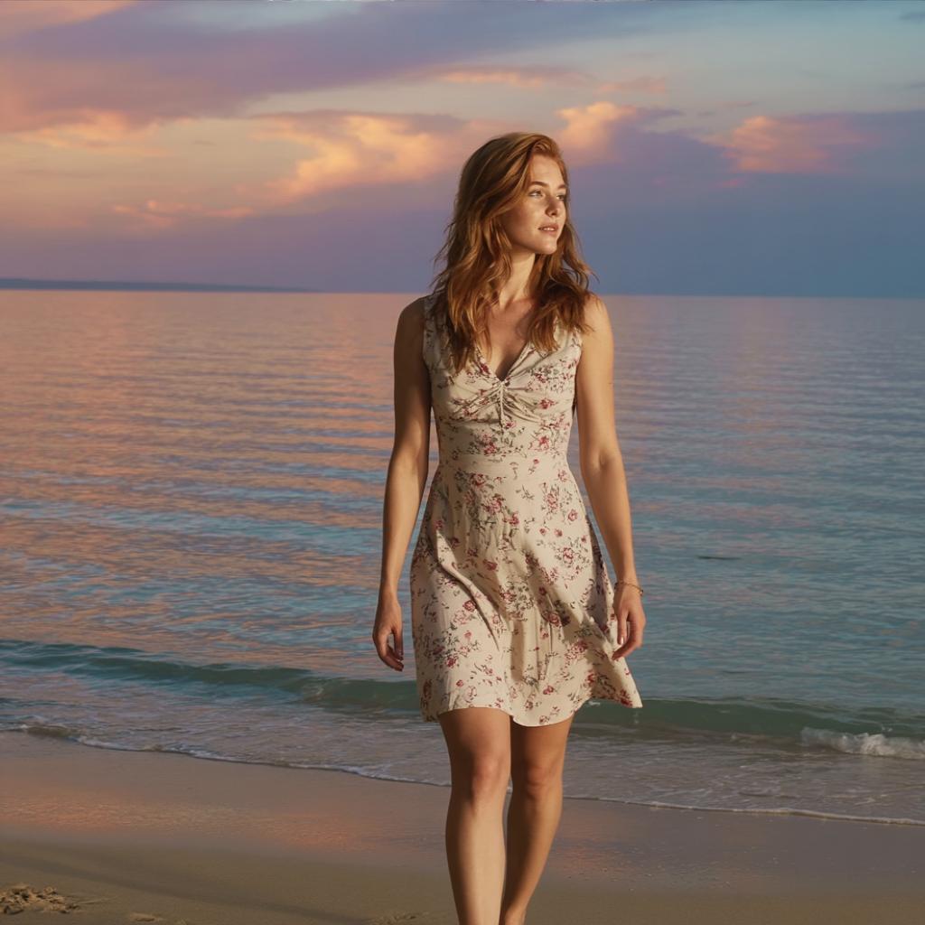 the same person on a beach at sunset in a light summer dress, ocean breeze