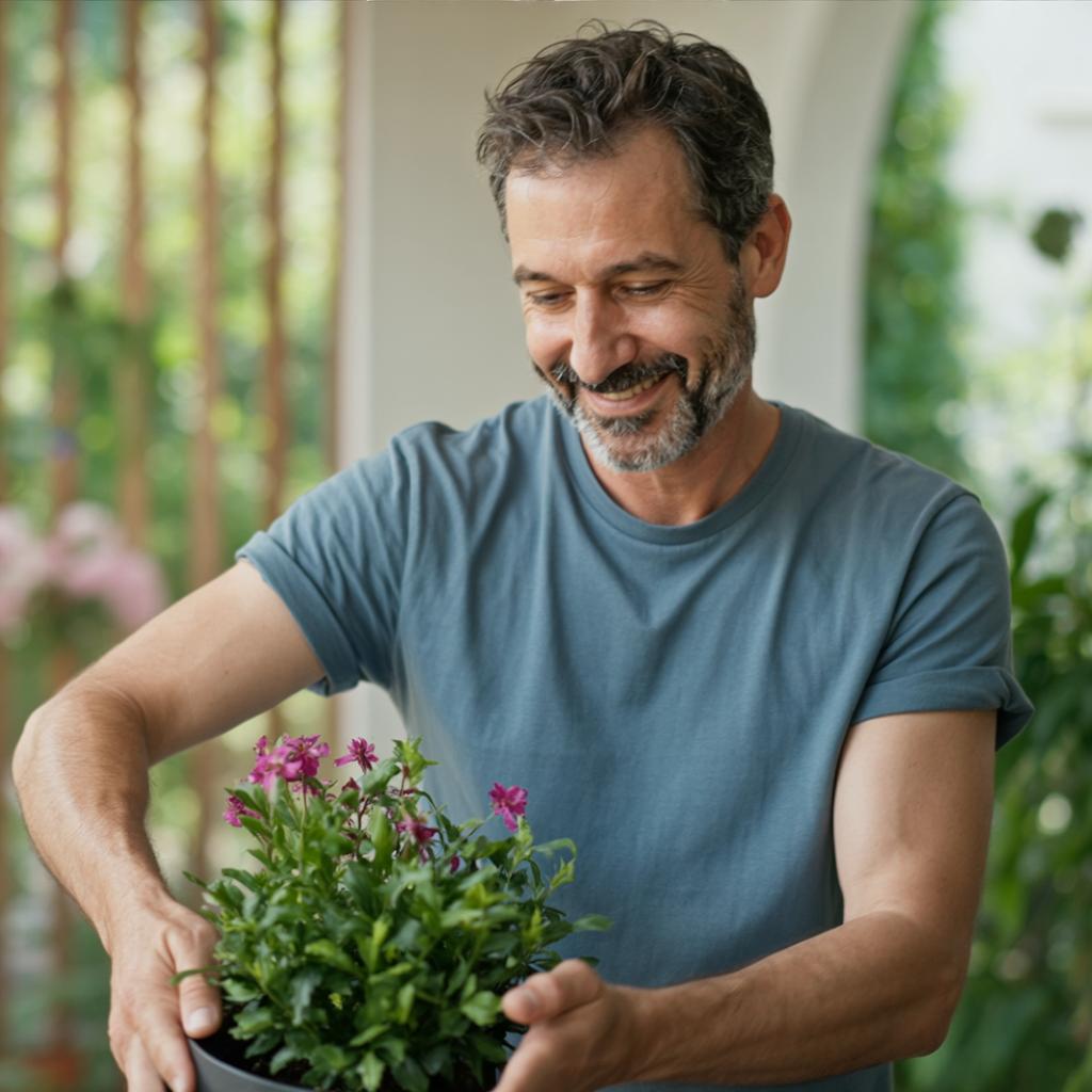 the same person gardening in a sunny backyard, rolled-up sleeves, holding a potted plant
