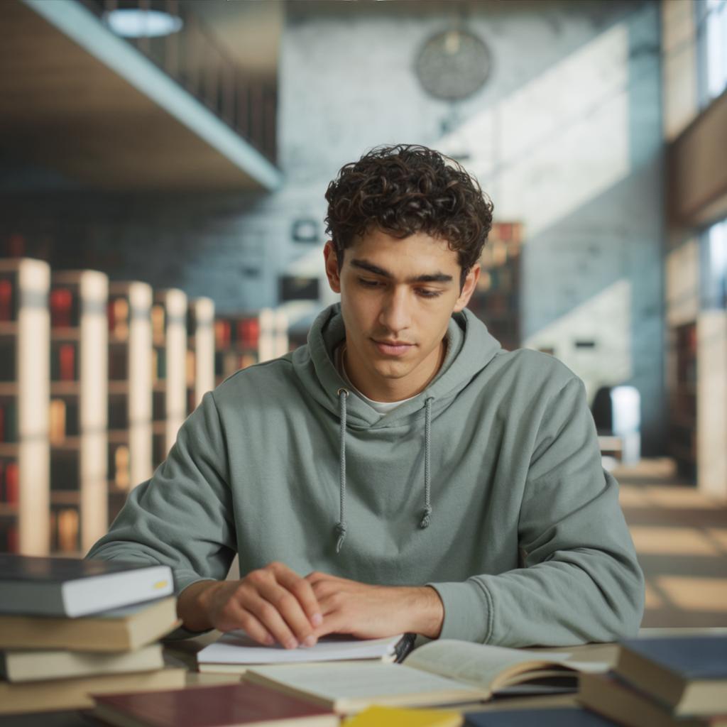the same person studying at a university library, hoodie, surrounded by books