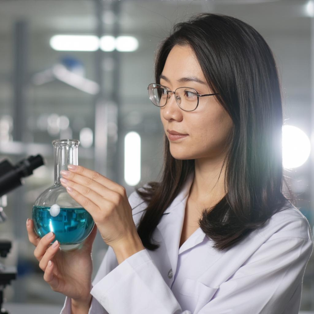 the same person as a scientist in a bright laboratory, white lab coat, holding a glass flask