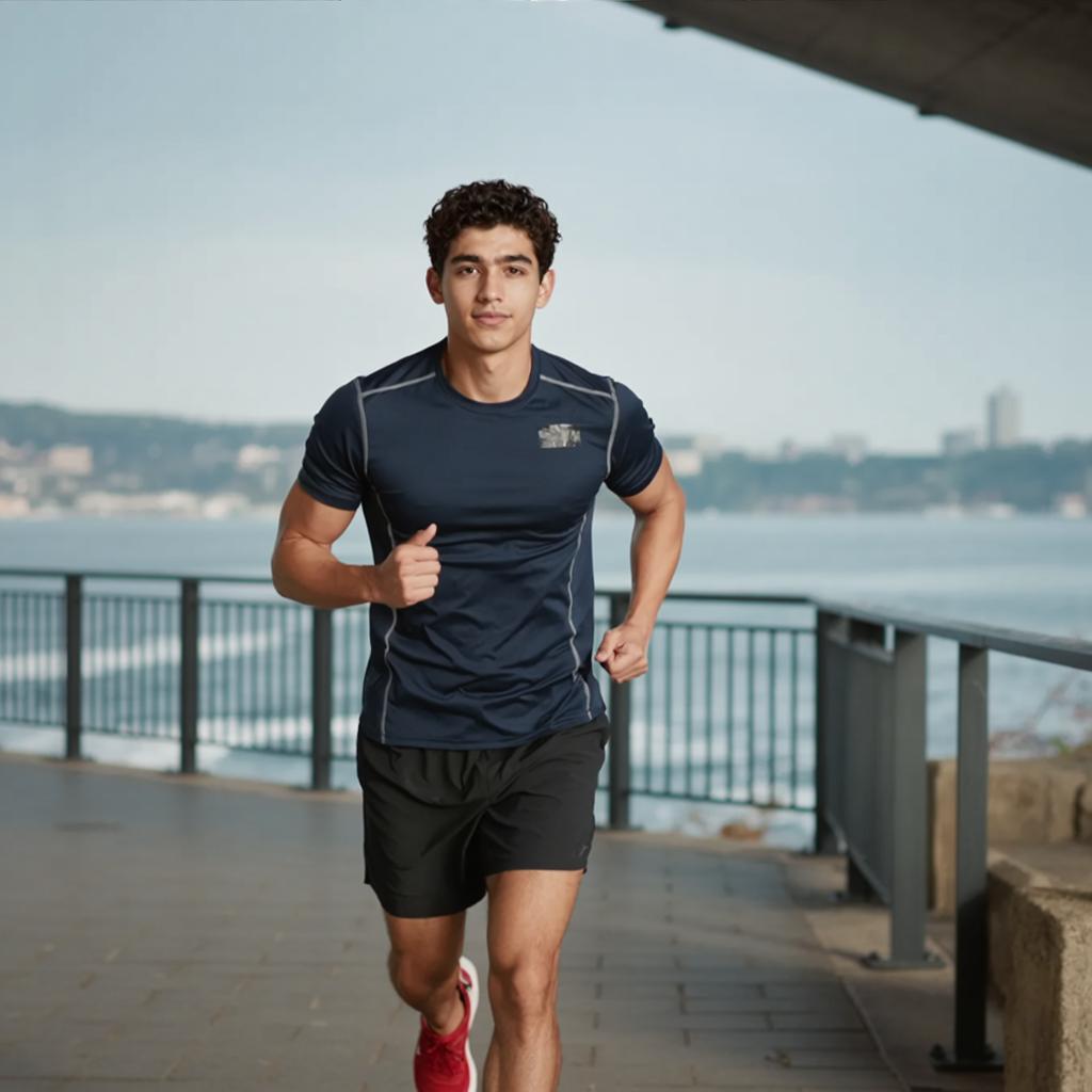 the same person jogging along a waterfront promenade in athletic wear, morning light